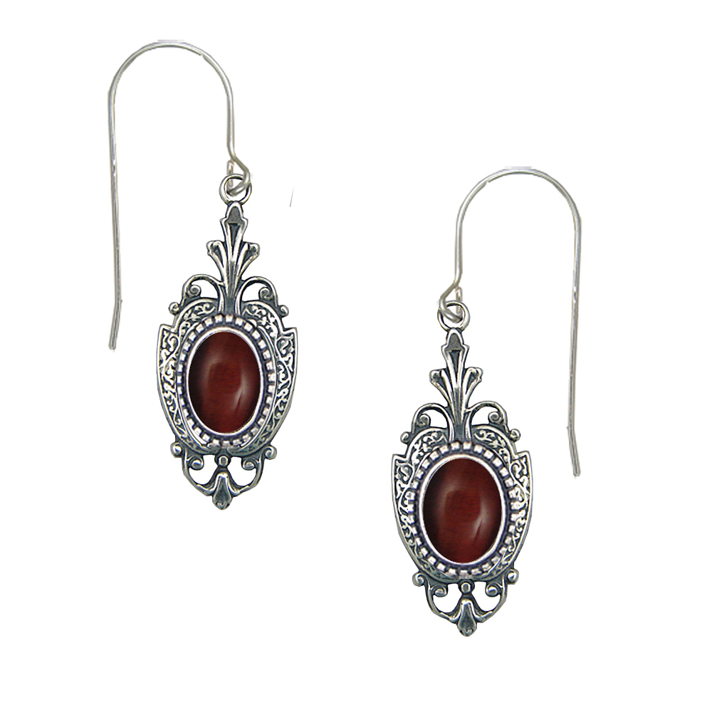 Sterling Silver Victorian Drop Dangle Earrings With Red Tiger Eye